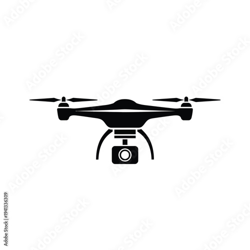 A sleek black drone with a camera attached to its underside is centered against a white background.