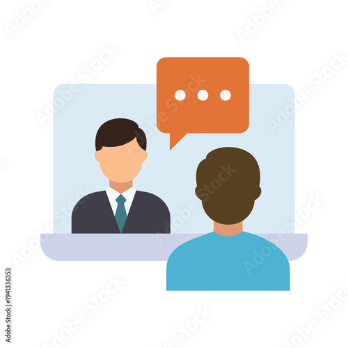 Virtual interview icon showing recruiter speaking with candidate through laptop screen during hiring