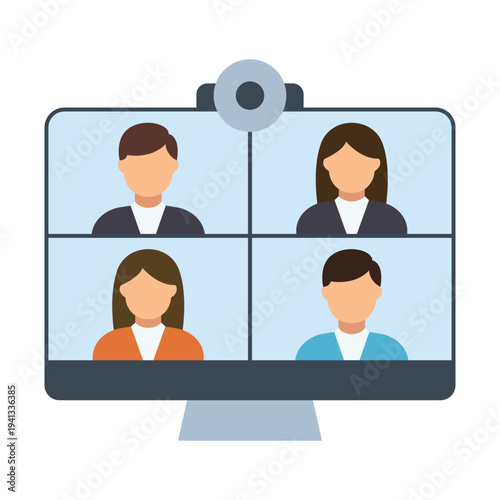 Virtual conference icon showing multiple business participants connected on desktop screen for online meeting