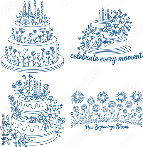 Three tiered birthday cakes with flowers and candles and a field of Coloring Book page Bundle