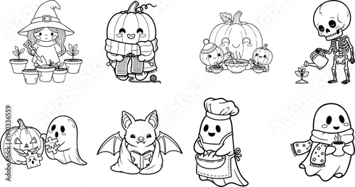 Whimsical line of Halloween characters and autumn scenes in outline style Coloring Book page Bundle