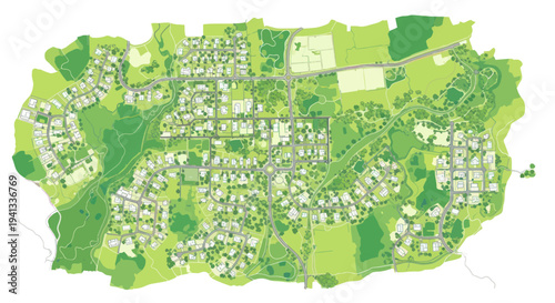 Green Urban Planning: Aerial View of Sustainable Cityscape with Homes and Parks