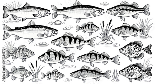 Hand-Drawn Fish Collection: Diverse Aquatic Species, Ink Sketch