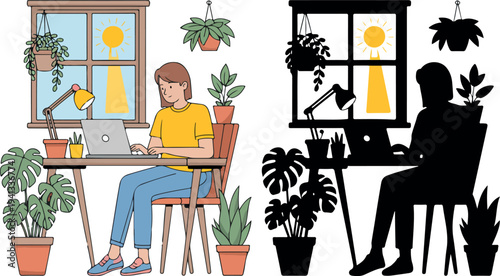 Flat vector illustration of person working at desk with laptop in bright sunlit room filled with indoor plants and cozy daytime workspace scene
