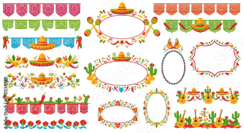 Mexican Fiesta Decorative Elements: Papel Picado, Sombreros, Guitars, Cacti, Flowers