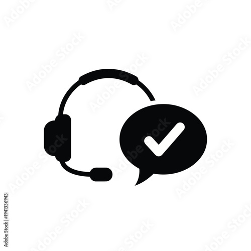A simple graphic of a headset with a speech bubble containing a checkmark.