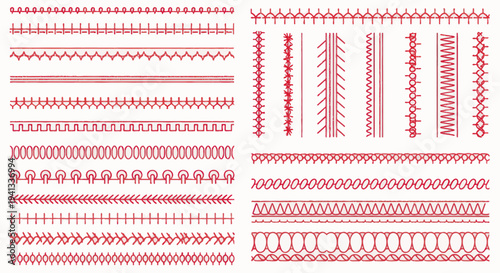 Red Stitching Patterns Collection: Sewing Machine Decorative Lines
