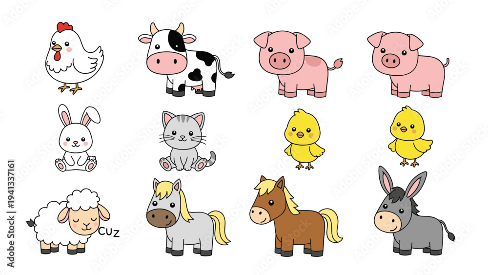 Obraz premium Cute collection of farm animal cartoon characters including a chicken, cow, pig, rabbit, cat, horse, and donkey.