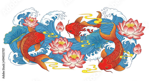 Vibrant Koi Fish Swimming Among Lotus Flowers and Waves