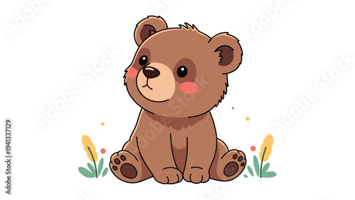 Adorable cartoon brown bear cub sitting playfully in the grass with colorful flowers and dots on a white background.