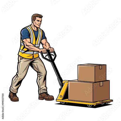 Construction worker lifting heavy cardboard box with safety harness and gear outdoors
