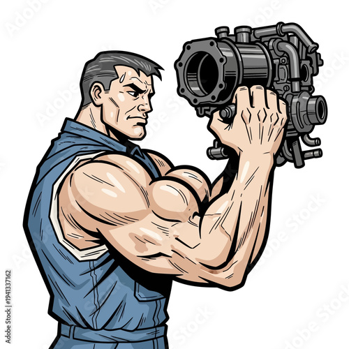 Muscular man holding professional camera for photography and videography in studio