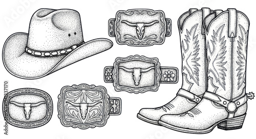 Western Cowboy Hat, Boots, and Belt Buckles with Bull Skull Design