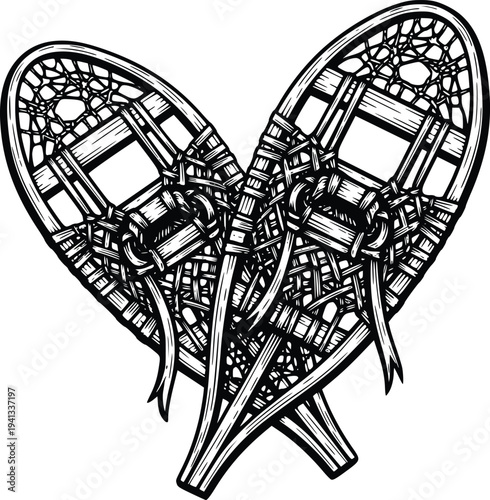 Hand Drawn Vintage Snowshoes Illustration – Retro Engraving Winter Adventure Vector