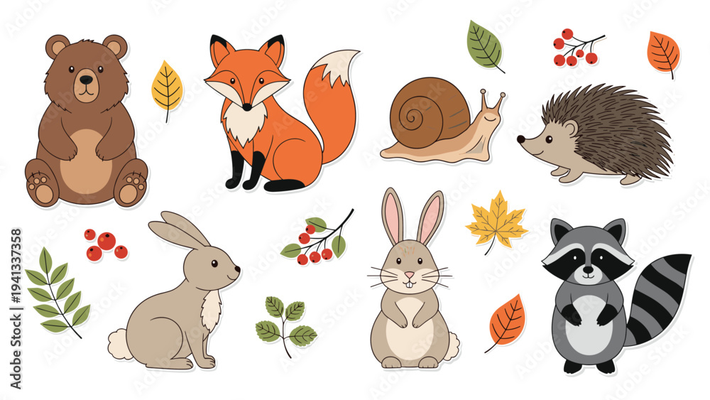 Obraz premium Large set of cute forest animal characters like a bear, fox, hedgehog, and raccoon surrounded by autumn leaves and berries.