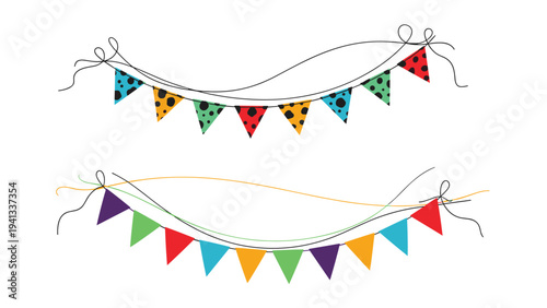 Colorful party bunting flags with polka dot patterns and solid colors hang on strings for celebration decorations and festive events.