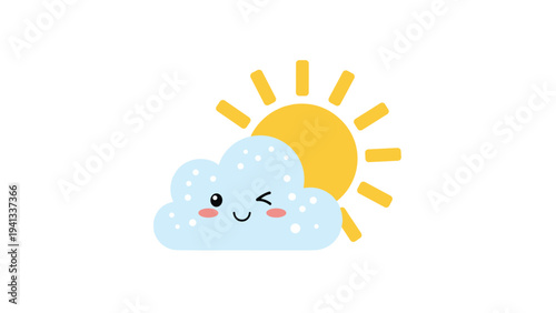 Bright yellow sun peeks out from behind a cute blue cloud with a winking face and rosy cheeks in a cheerful weather illustration for kids.