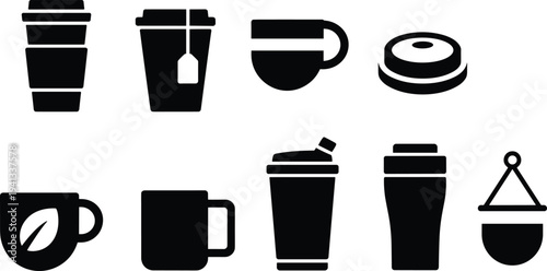 Coffee and beverage cup icons set, takeaway coffee, tea cup, mug, travel tumbler vector glyph cafe drink symbols