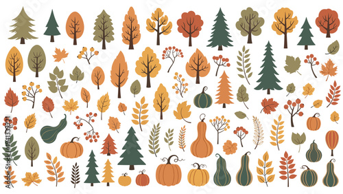 Large set of autumn nature icons including various trees and pumpkins and falling leaves are presented in warm fall colors for seasonal art.
