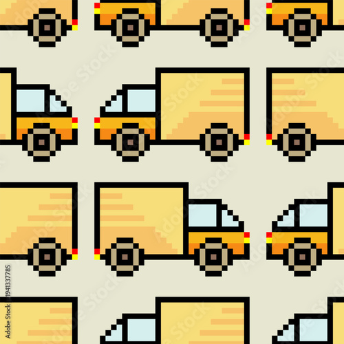 Seamless pattern with delivery car pixel art