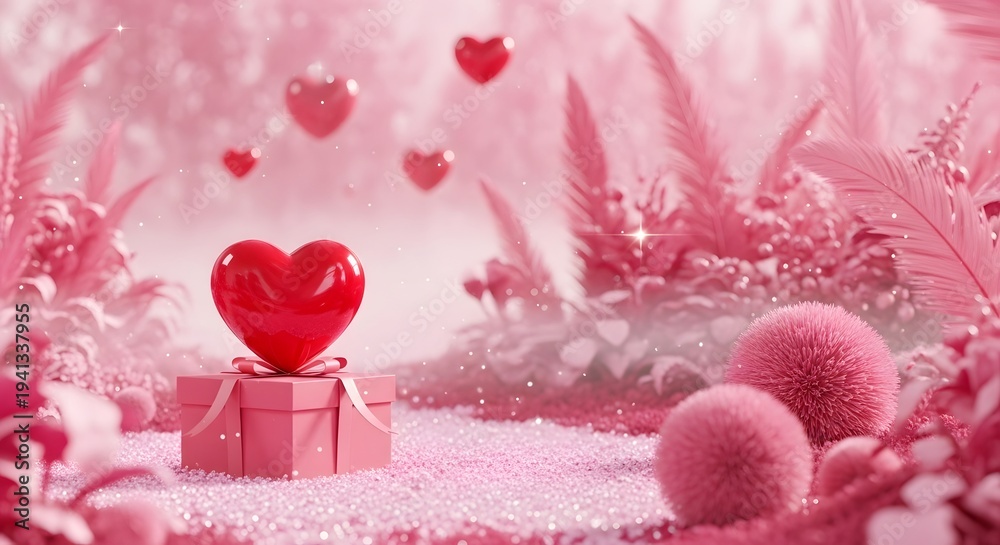 Fototapeta premium Valentines day scene with heart on gift box surrounded by pink flowers and hearts