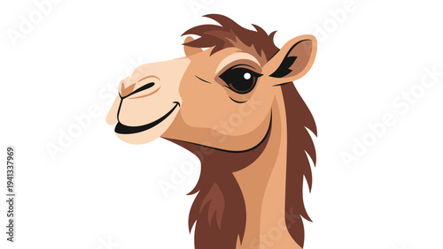 Close up portrait of a smiling camel head shows its friendly expression and brown fur in a simple cartoon style for desert animal themes.