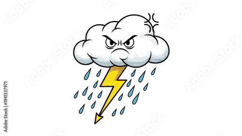 Angry gray storm cloud with mean eyes flashes a yellow lightning bolt through raindrops in a comic book style weather illustration for kids.