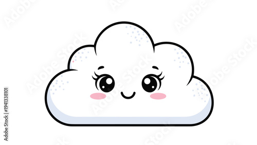 Cute white fluffy cloud character with a happy face and rosy cheeks is shown against a plain white background for weather and kids art.
