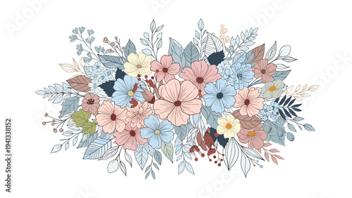 Large and detailed floral arrangement features various pink and blue and yellow flowers with leaves in a soft vintage illustration style.