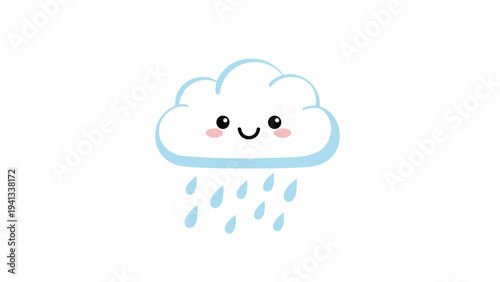 Simple and adorable blue cloud with a happy face and falling raindrops is illustrated in a kawaii style for weather and child products.