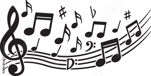 Black music notes and symbols on white background illustration