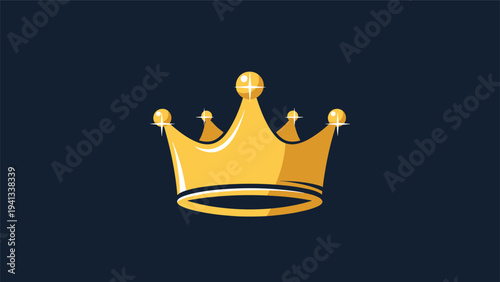 Shiny golden crown icon with sparkling highlights positioned in the center of a dark navy blue background for royal concept.
