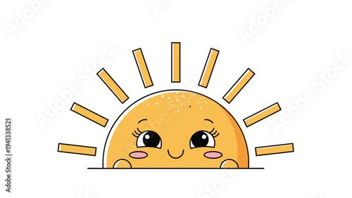 Cheerful cartoon sun rising over a line with a sweet face, rosy cheeks, and golden rays in a minimalist flat design style.