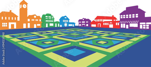 Colorful cityscape vector illustration with buildings and garden