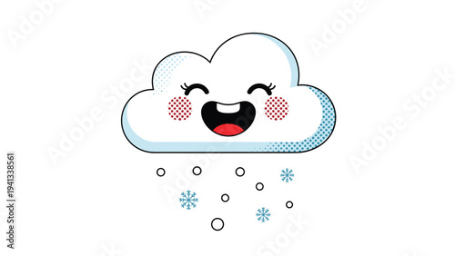 Cute white cartoon cloud character with a happy face raining down small white snowballs and blue snowflakes on white background.