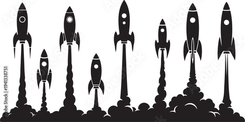 Black Silhouette Rockets Launching into White Sky with Clouds