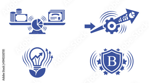 Conceptual business icons featuring financial document balance scales performance gears with arrows glowing light bulbs for ideas and branded shield protection