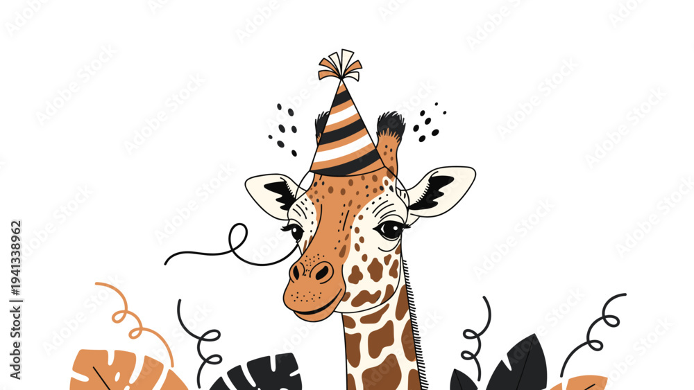 Fototapeta premium Fun cartoon giraffe head wearing a striped party hat among tropical leaves and festive confetti for a birthday celebration.