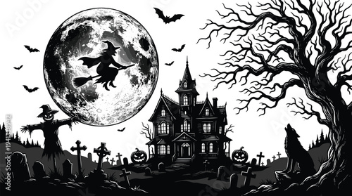 Flat vector illustration of haunted house, witch flying on broomstick, bats, jack-o’-lanterns, graveyard, spooky Halloween night, eerie atmosphere