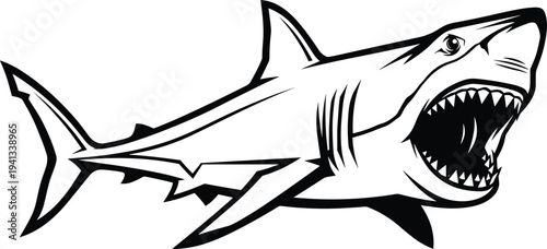 Flat vector illustration of aggressive shark silhouette, open mouth with sharp teeth, marine predator design, ocean wildlife artwork, danger symbol