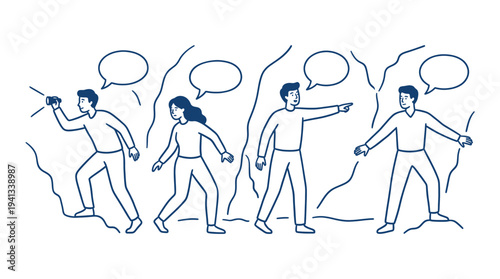 Group of people exploring caves with flashlights and speech bubbles in a line art style representing adventure and discovery together.