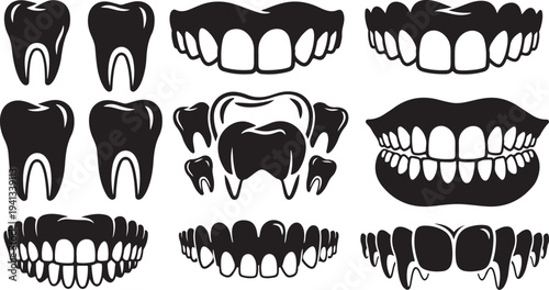 Black and white illustration of various teeth and mouths