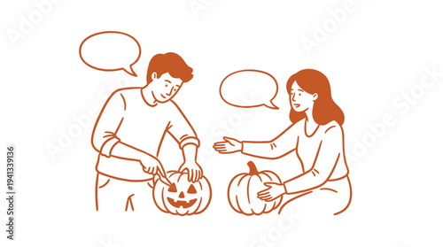Male and female carving pumpkins for Halloween with speech bubbles in an orange line art style for festive autumn celebrations.