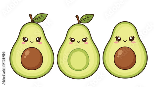 Three cute cartoon avocados with smiling faces are presented in a row on a plain white background for healthy food concepts.