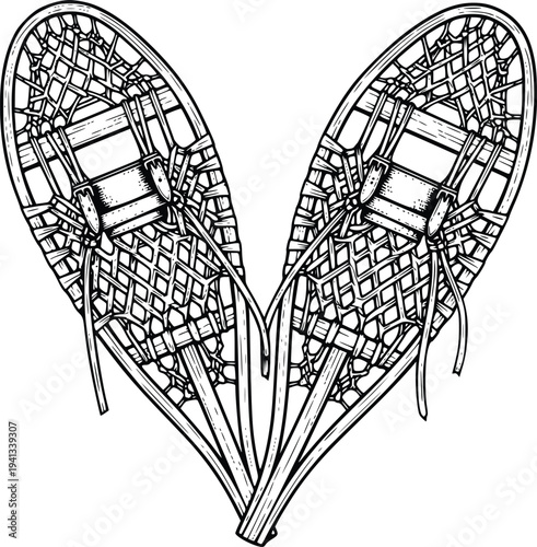 Hand Drawn Traditional Snowshoes Vintage Engraving Style Winter Hiking Vector Illustration