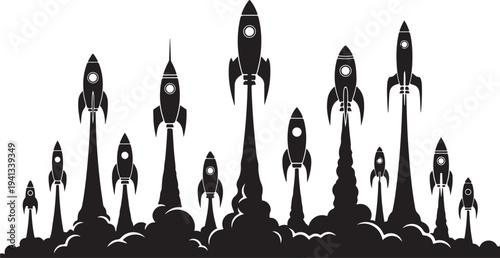 Rockets Launching into the Sky in Black Silhouette Style