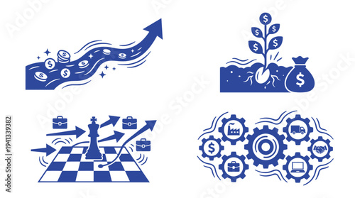 Strategic business icons showing winding road success paths financial plant growth chess king leadership and complex integrated mechanical gear workflows