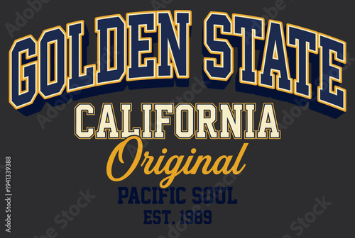 A bold and dynamic design representing California, featuring prominent text and a sports-inspired theme, perfect for showcasing pride in the Golden State and its culture.