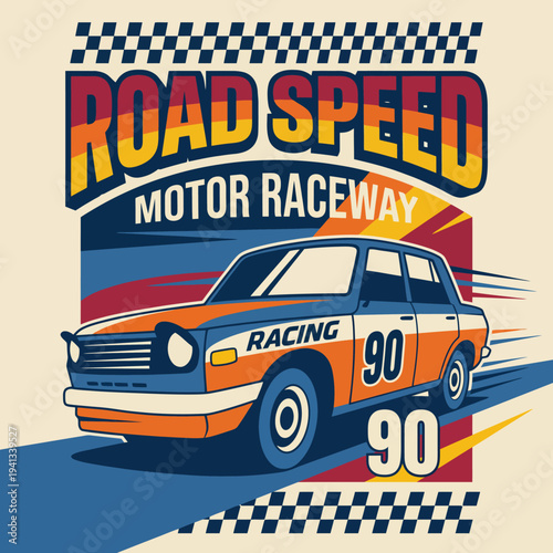 This dynamic illustration of a racing car at a motor raceway captures the excitement and energy of speed, perfect for automotive enthusiasts and racing fans alike.