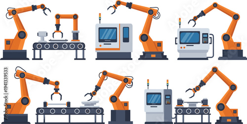 Industrial robotic arms and automated factory machines collection with conveyor production line manufacturing technology vector illustration set